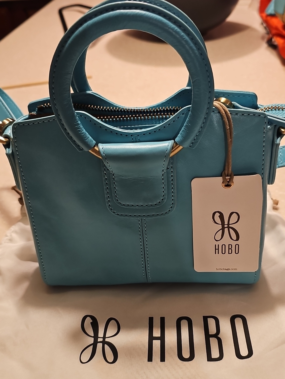 NWT LEATHER HOBO HEIDI MINI SATCHEL AQUA ROUND HANDLES Crossbody Strap